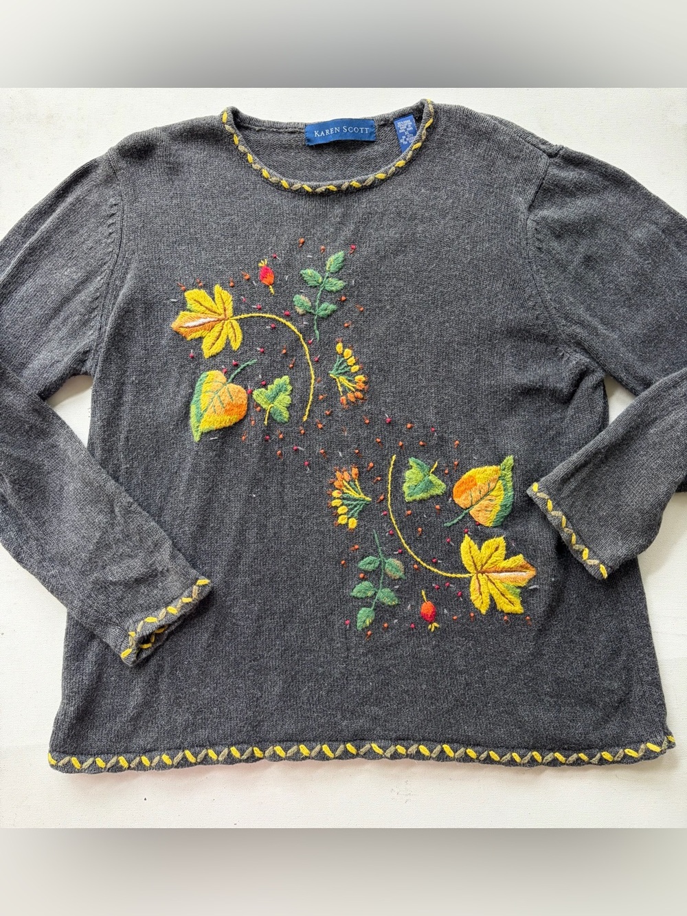 Karen Scott Gray Long Sleeve Sweater Autumn Leaves Embroidery